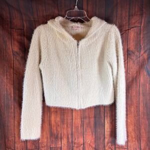 Bailey Rose Hooded Cropped Fuzzy Sweater‎ Cream Zip up Women's Size L
